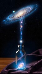 A mystical scene unfolds as a swirling galaxy flows from a glass bottle, illuminating the dark sky with cosmic wonders and shimmering stars, creating a surreal connection between worlds