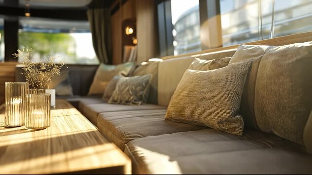 A cozy sofa with soft cushions sits in a stylish interior, illuminated by warm sunlight. The cushions and stylish decor create a welcoming ambiance in the serene living space.