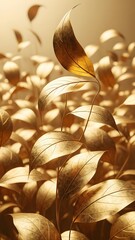 Delicate leaves shimmer in golden hues as sunlight filters through a serene field. The soft glow brings a sense of calm and beauty to the peaceful landscape at dawn