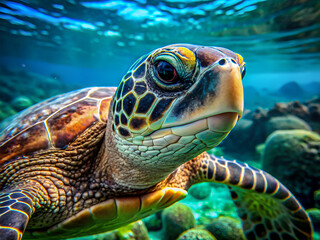 Obraz premium Stunning Sea Turtle Portrait in Crystal Clear Ocean Waters