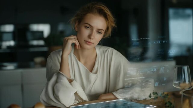 Futuristic home setting with holographic assistant floating above a table, guiding user through online shopping, finance updates, and smart home control, symbolizing digital convenience and AI