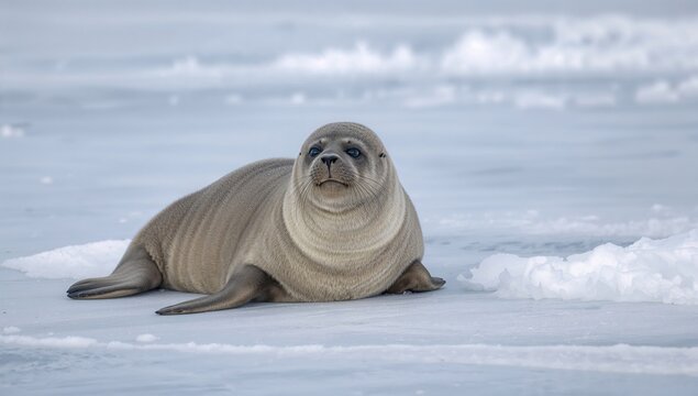 Young Baikal seal resting on ice surface, showcasing seasonal change