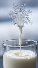 A unique scene captures a beautiful snowflake suspended above a glass filled with smooth white milk. The soft winter light enhances the charm of this tranquil moment, inviting a sense of calm