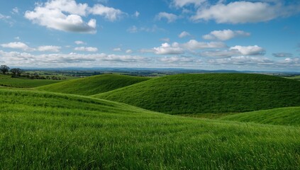 Fototapeta premium Vibrant green hills under sunlight in a rural setting, ideal for showcasing agricultural beauty