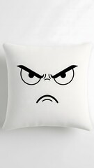 A decorative pillow showcases a grumpy face with furrowed brows. Ideal for creating a playful atmosphere in a living room or bedroom. Perfect for expressing personality through decor