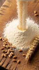 Flour is skillfully poured onto a wooden surface, forming a soft mound. Golden wheat grains rest nearby, showcasing the natural ingredients used in baking