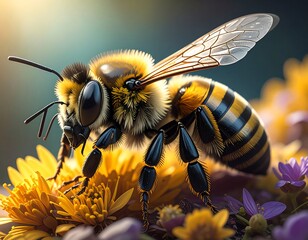 Close-up of a detailed bee with striped abdomen, wings extended, sitting on yellow flowers