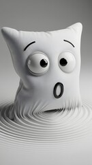 A quirky white pillow character with large eyes shows an expression of amazement against a backdrop of gentle swirling lines, creating a whimsical scene that sparks curiosity