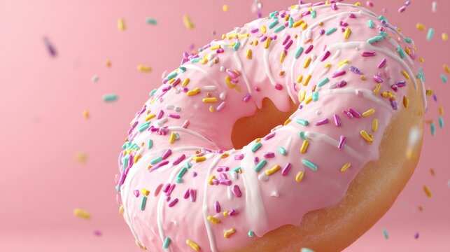 A delightful pink donut covered in vibrant sprinkles is suspended in the air creating a fun scene.