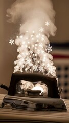 A vintage iron releases clouds of steam that transform into delicate snowflakes, creating a magical winter atmosphere in a cozy indoor space with soft lighting
