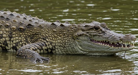 Obraz premium Close-up of a crocodile with detailed scales, open jaws, resting in murky water