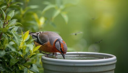 Birds quenching their thirst at a water cooler, summer ambiance, seasonal change