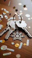 A close-up view of keys resting on a wooden surface, surrounded by shimmering confetti and a snowflake charm, creating a cheerful festive mood during a holiday celebration