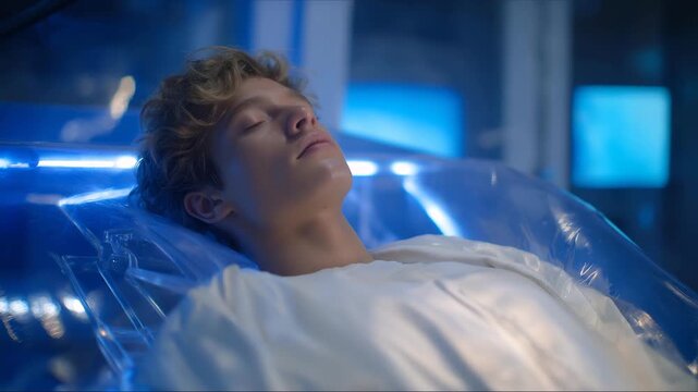 Futuristic scene of a cryogenic chamber in a sci-fi medical lab with soft blue illumination, emotion of awe and anticipation visible, representing human preservation concepts, advanced