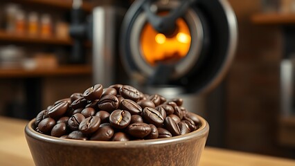 roaster. Freshly roasted coffee beans in a ceramic bowl with a modern roasting machine in the background. bar promotions, beverage menus, designed for food & beverage menus and cafe branding.