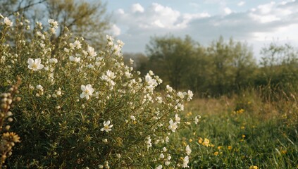 Blooming white flowers on lush green shrub in spring, symbolizing seasonal change