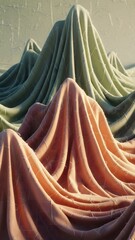 Soft fabric hills rise and fall, their colors blending harmoniously in a tranquil space. The gentle folds create an inviting yet mysterious atmosphere, inviting exploration and imagination