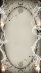 Warm candlelight illuminates a mystical background adorned with celestial symbols. Swirling smoke adds a magical touch, inviting contemplation and inspiration in a serene setting
