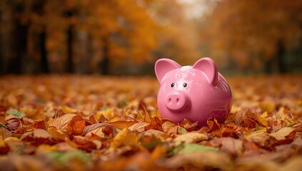 Rose-colored piggy bank surrounded by fallen autumn foliage.