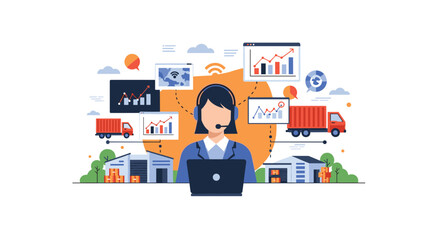 A woman oversees a complex logistics and supply chain system, leveraging technology, data analysis, and efficient communication for optimal distribution.