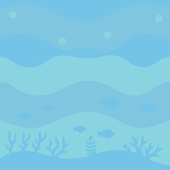 Blue underwater background with waves, bubbles, fishes, and plants blue
