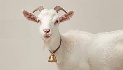 Fototapeta premium Bell-Wearing White Goat on a Plain Background
