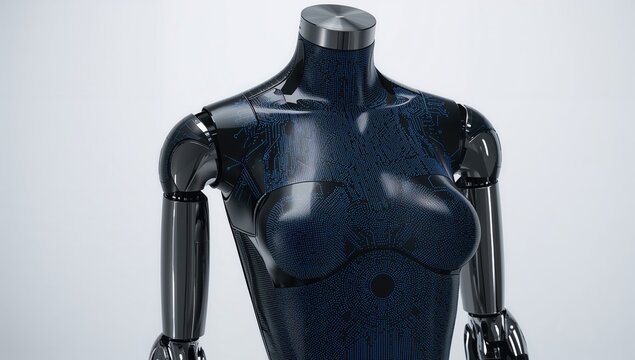 Female robot mannequin torso isolated on a white backdrop, efficiency