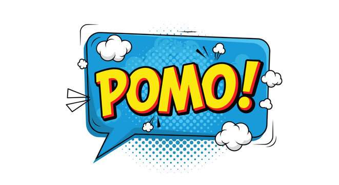 Bold 'POMO!' text in a dynamic pop art comic speech bubble with a blue halftone background, surrounded by playful clouds and explosion elements.