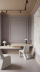 This cozy workspace showcases a light-colored desk paired with a unique chair, surrounded by soft purple walls and elegant decor, creating a tranquil environment for productivity