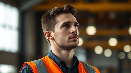 bluecollar. Warehouse worker in safety vest, focused portrait with industrial background and soft bokeh. pitch deck slides.