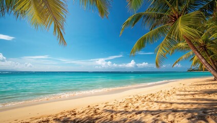 Obraz premium Marine sky backdrop with palm trees, ideal for tropical summer beach themes, vacation planning