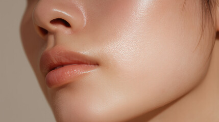 Obraz premium Smooth female cheekbone, close up of asian woman face with glowing skin, natural makeup, healthy complexion, soft lips, beauty and skincare concept, serene expression
