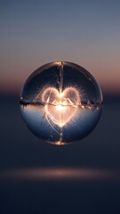 A stunning crystal ball captures the reflection of a glowing heart, set against a breathtaking sunset with hues of orange and purple. The scene is calm and enchanting