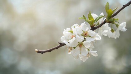 Obraz premium Delicate white cherry blossoms on a flowering branch set against a vibrant spring garden backdrop, seasonal change