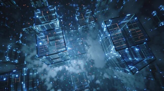 Futuristic digital network of glowing blue server blocks representing big data and information technology infrastructure