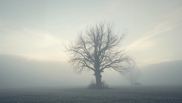 A lone broadleaf tree stands on the misty horizon.