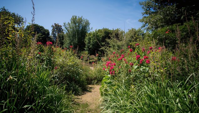 Garden in full bloom during bright summer day, showcasing seasonal change