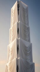 A striking tall structure is covered in flowing white fabric, creating an ethereal appearance against a warm sunset sky. The soft drapes emphasize the building's unique design and height