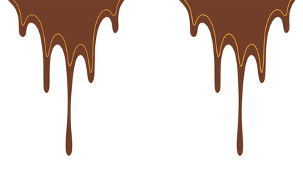 Melted chocolate or syrup drips isolated on a white background. Flowing liquid chocolate border element. A sweet brown syrup or sauce that melts and drips.