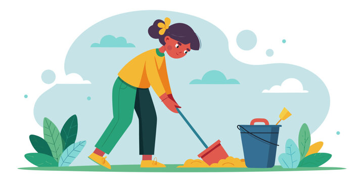 Girl cleaning up the park using a shovel and a trash bucket  