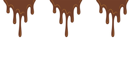 Melted chocolate or syrup drips isolated on a white background. Flowing liquid chocolate border element. A sweet brown syrup or sauce that melts and drips.