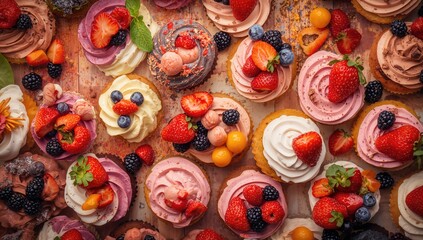 Fototapeta premium Overhead shot of berry-topped cupcakes with creamy frosting for festive occasions