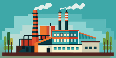 Obraz premium Industrial factory with smokestacks and trees in modern style 
