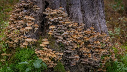 Moss and mushrooms growing on a dead tree trunk with a natural forest backdrop