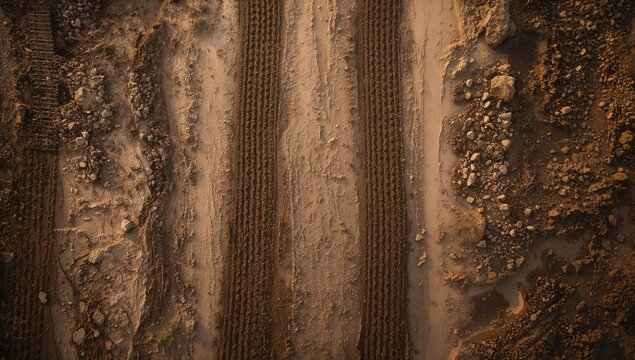 Tire imprints left on sandy terrain from an off-road vehicle. Aerial perspective of ground marked by tire patterns.