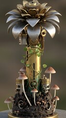 A vertical sculpture combines steampunk aesthetics with natural elements. Gears and metallic flowers intertwine with mushrooms and greenery, creating a unique harmony of technology and nature
