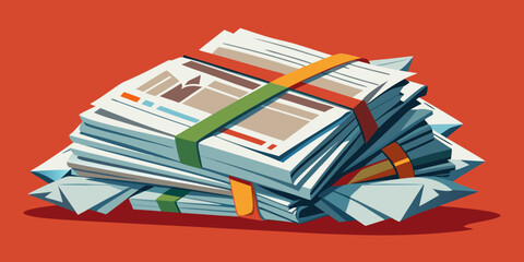 Pile of newspapers tied with colored ribbons on orange background  