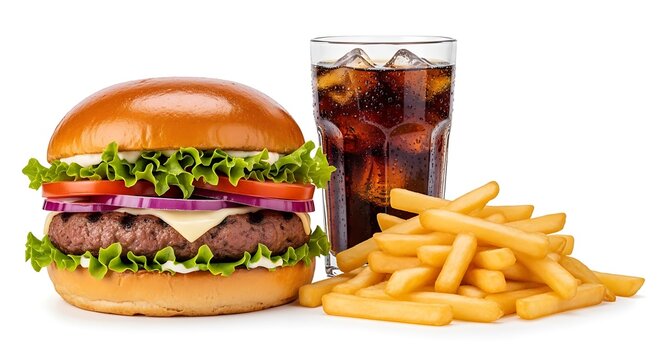 Delicious Burger, Fries, and Soda Meal Isolated on White Background