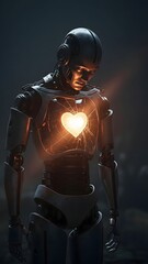 In a shadowy environment, a robot stands still, its chest revealing a cracked design with a bright, shining heart. The contrast of metal and warmth evokes a sense of longing and introspection