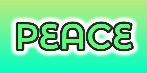 PEACE Word Art in Bold Green Gradient Typography with Black Outline and White Glow on Light Green–Blue Gradient Background for a Calm, Positive, and Uplifting Design